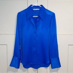 Zara Women's Shimmery Vibrant Blue Satin Button-Down Shirt